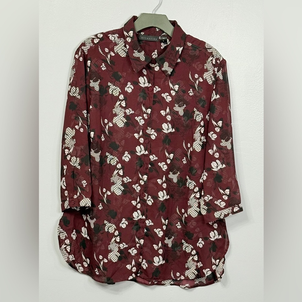 #12)  Attention  Sheer Burgundy Floral Button Down Shirt